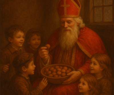 Sinterklaas met kinderen en pepernoten