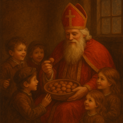 Sinterklaas met kinderen en pepernoten